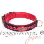 大型犬　散歩に最適な本革製首輪　赤黒　三つ編みと装飾付き