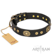 'Golden Radiance' FDT Artisanデザインの真鍮のコンチョ付き黒い革首輪 'Golden Radiance' FDT Artisanデザインの真鍮のコンチョ付き黒い革首輪